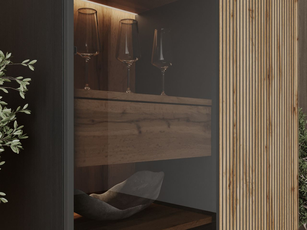 Vitrinenschrank mit Led Deo 166 cm Schwarz, EIche Wotan
