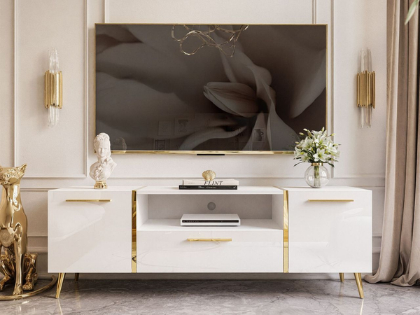Wohnzimmer-Set mit goldenen Metallbeinen und goldenen Griffen Lunelie Weiß Hochglanz