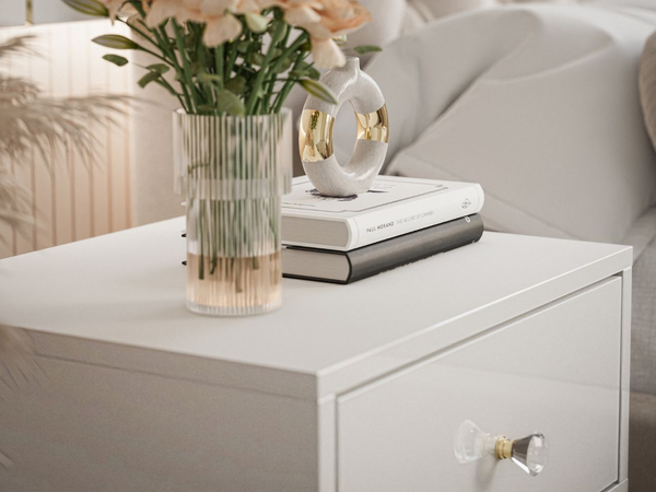 Nachttisch Glamour mit Schublade und goldenem Gestell Brisa Weiß Hochglanz