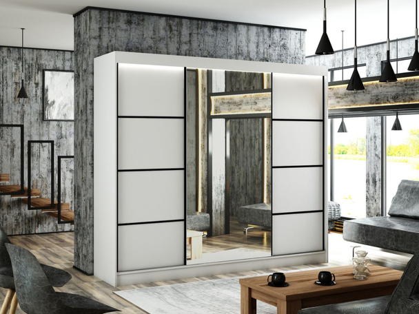 Schiebetürenschrank mit Spiegel 250 cm mit LED-Beleuchtung Portel Weiß