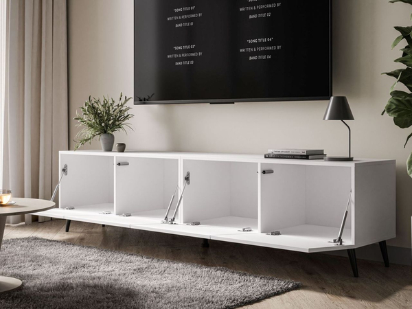 TV-Lowboard mit Türen auf Schwarzen Metallbeinen 200 cm Nodoo Weiß Hochglanz
